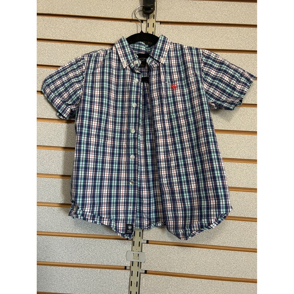 Ariat Pro Series Boys XS 7 Plaid Short Sleeve Western Button Down Shirt Blue